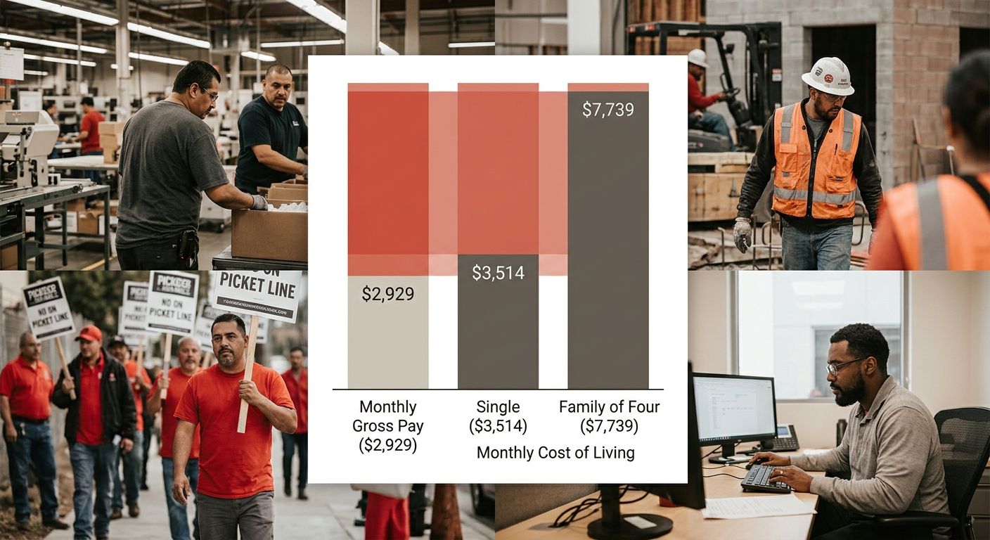 Side-by-side bar chart comparing California minimum wage monthly gross pay ($2,929) against monthly cost of living for singles ($3,514) and families of four ($7,739), with the gap highlighted in red
