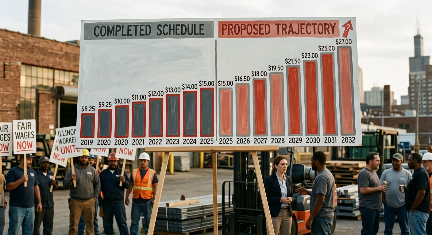 A bar chart comparing the proposed Illinois minimum wage trajectory from $15 in 2025 to $27 in 2032 alongside the completed schedule from $8.25 in 2019 to $15 in 2025, with each bar labeled by year an