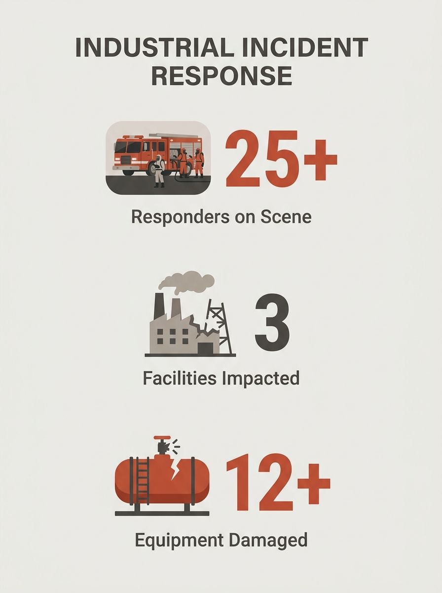 Emergency responders at industrial facility explosion scene with damaged buildings and equipment visible