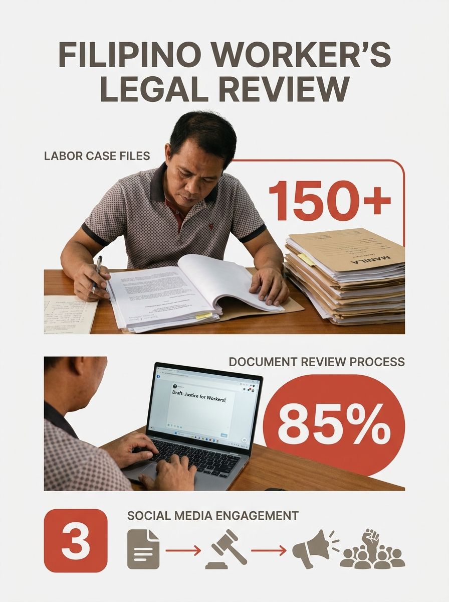Filipino worker reviewing legal documents at desk with labor case files and laptop showing social media post draft