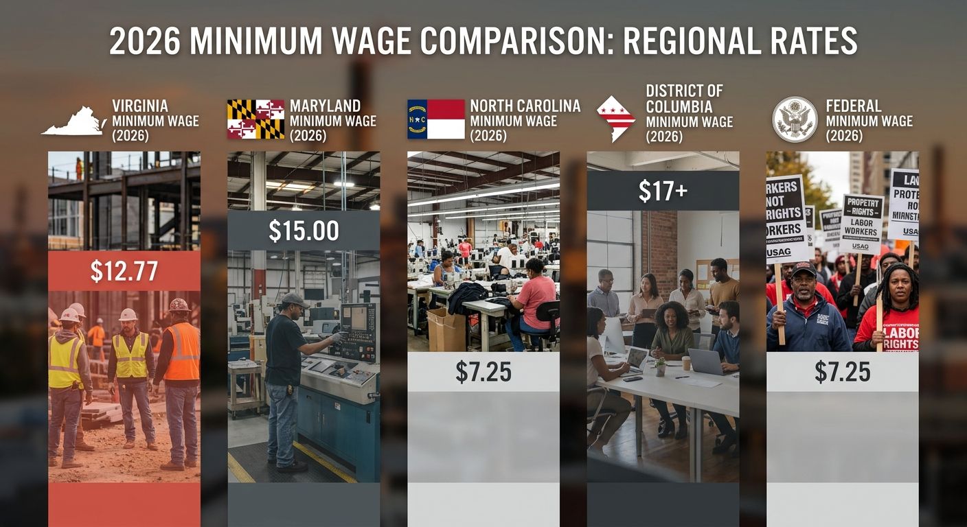 an infographic bar chart comparing 2026 minimum wage rates across Virginia ($12.77), Maryland ($15.00), North Carolina ($7.25), D.C. ($17+), and the federal minimum ($7.25), with state outlines or fla