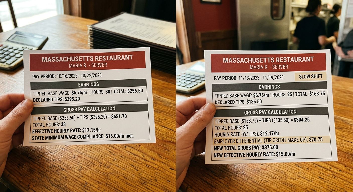 Side-by-side comparison showing two pay stubs for a Massachusetts restaurant worker: one showing $6.75 base tipped rate with tips filling the gap to $15, and another showing the same worker on a slow 
