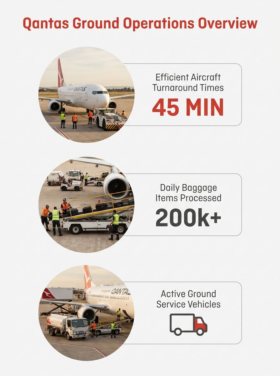 Qantas aircraft on tarmac with ground service equipment