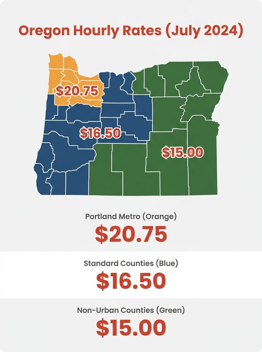 A map of Oregon with counties color-coded into three tiers—Portland metro in orange covering Clackamas, Multnomah, and Washington counties, standard counties in blue, and eighteen non-urban counties i