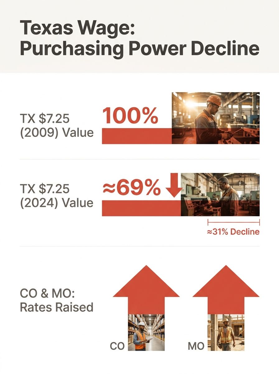 Infographic comparing Texas $7.25 minimum wage purchasing power in 2009 versus 2024, showing roughly 31% decline in real value, with a side comparison to states like Colorado and Missouri that have ra