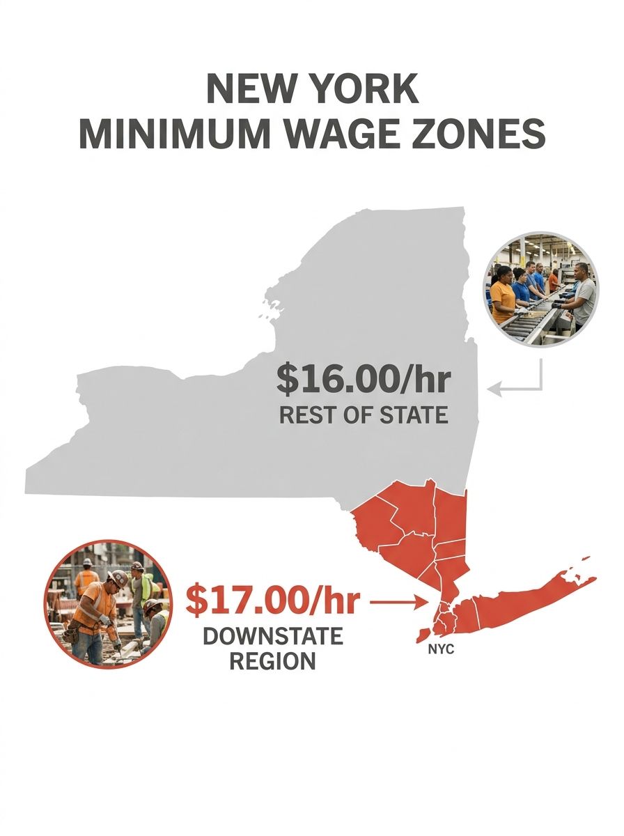 A map of New York State showing the two minimum wage regions, the downstate region including NYC, Nassau, Suffolk, and Westchester highlighted at $17.00/hour and the rest of the state shaded at $16.00