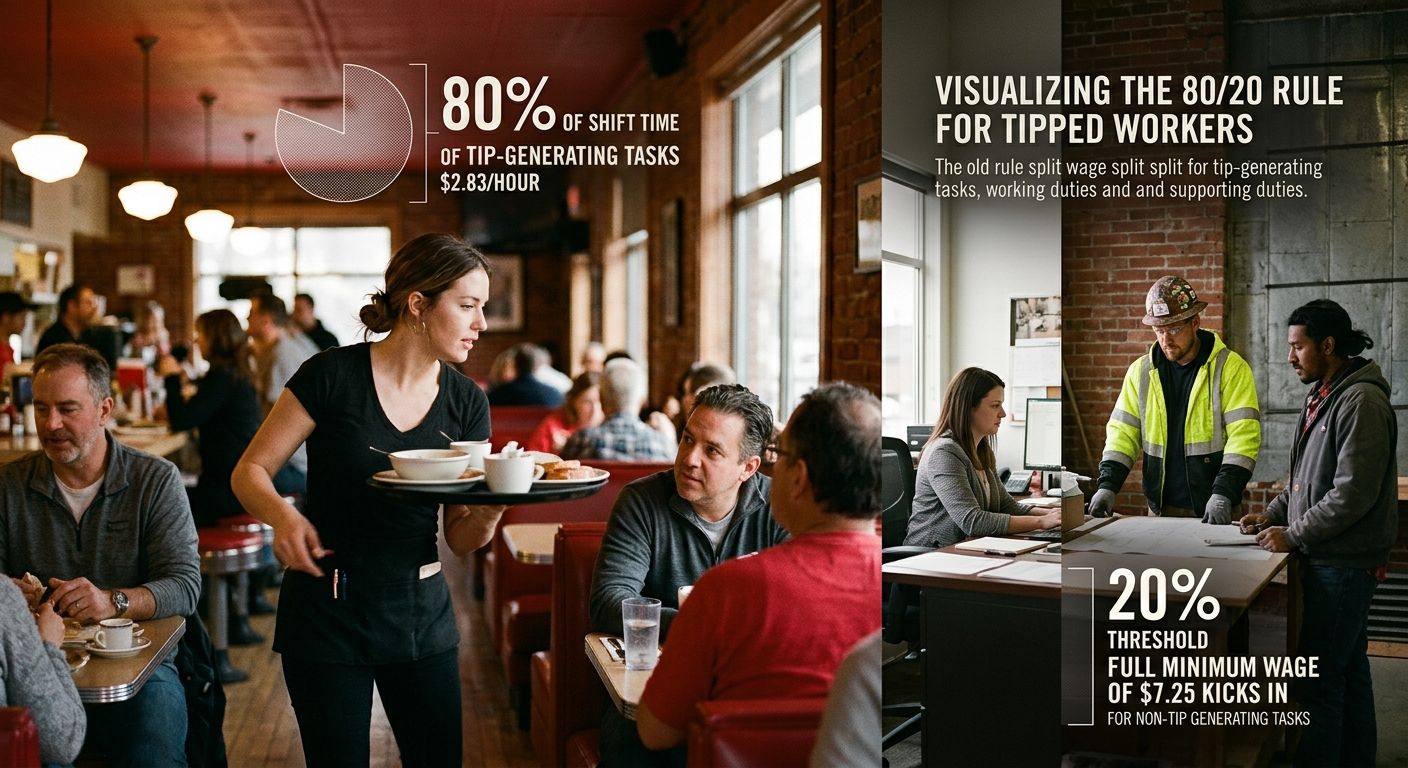 A diagram showing the 80/20 rule split for tipped workers, with 80% of shift time on tip-generating tasks at $2.83/hour and 20% threshold where full minimum wage of $7.25 kicks in