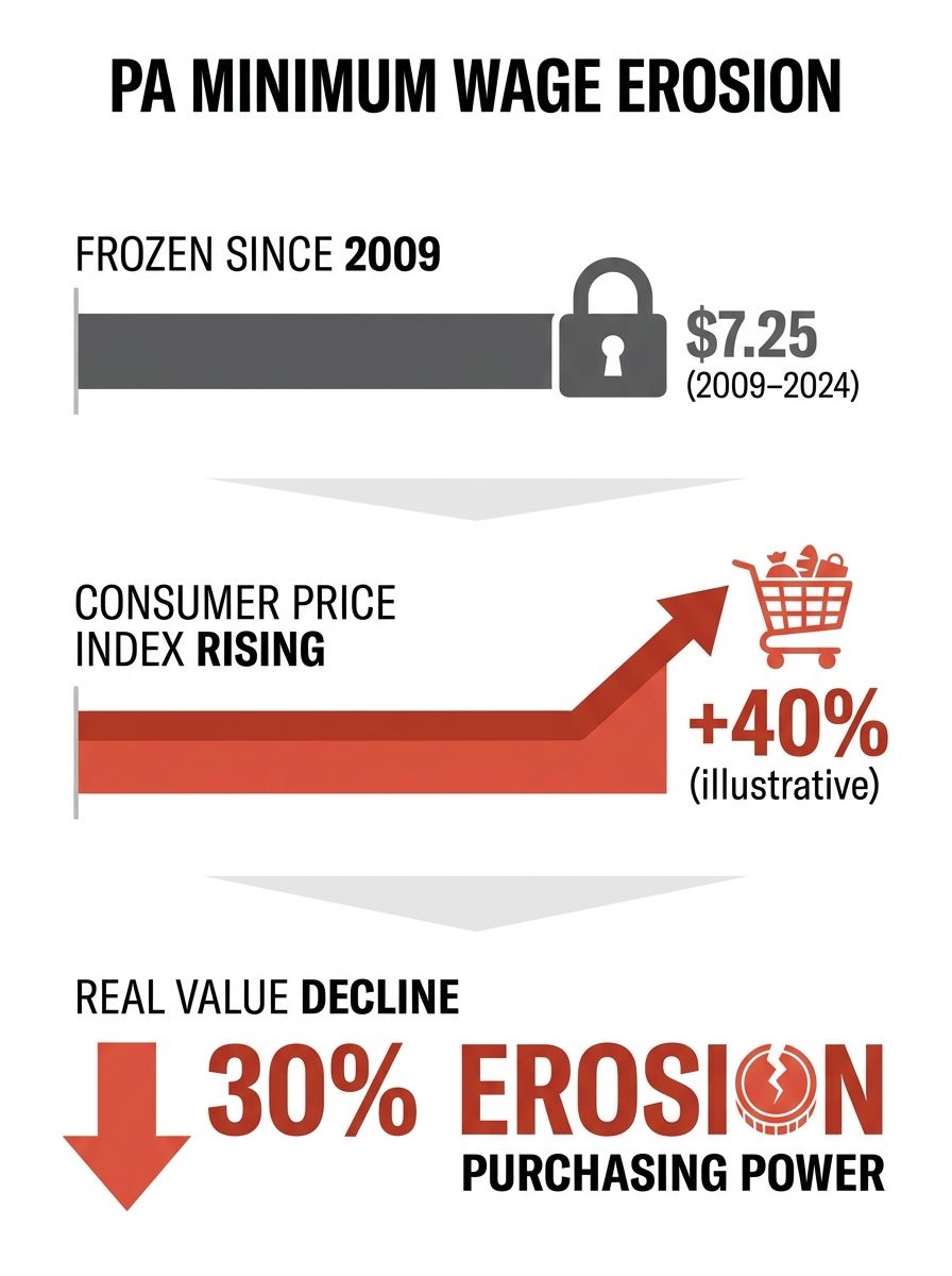 A comparison infographic showing Pennsylvania's $7.25 minimum wage frozen since 2009 alongside the rising Consumer Price Index, with a declining real-value line illustrating purchasing power erosion o