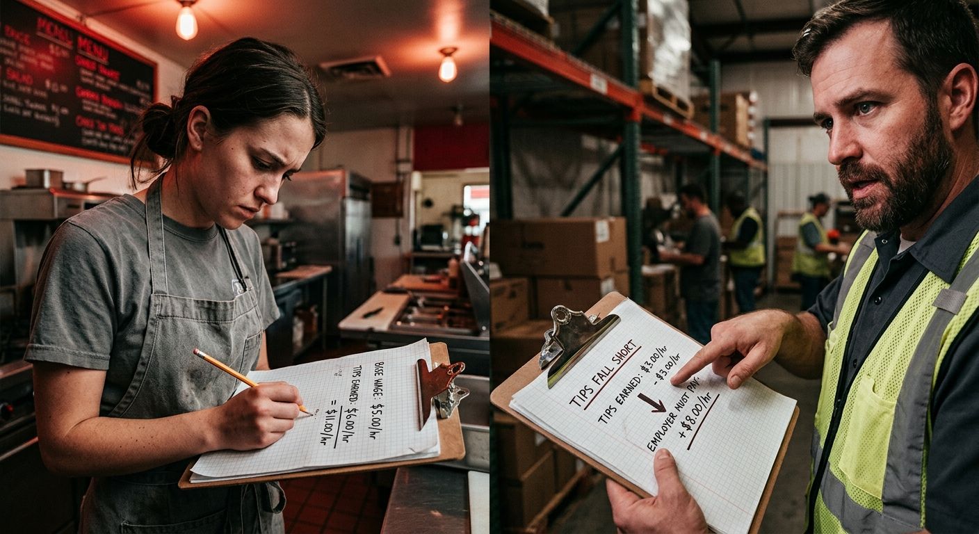 side-by-side comparison showing a Missouri tipped worker's pay breakdown, illustrating base wage plus tips equaling minimum wage, with an arrow showing employer obligation when tips fall short