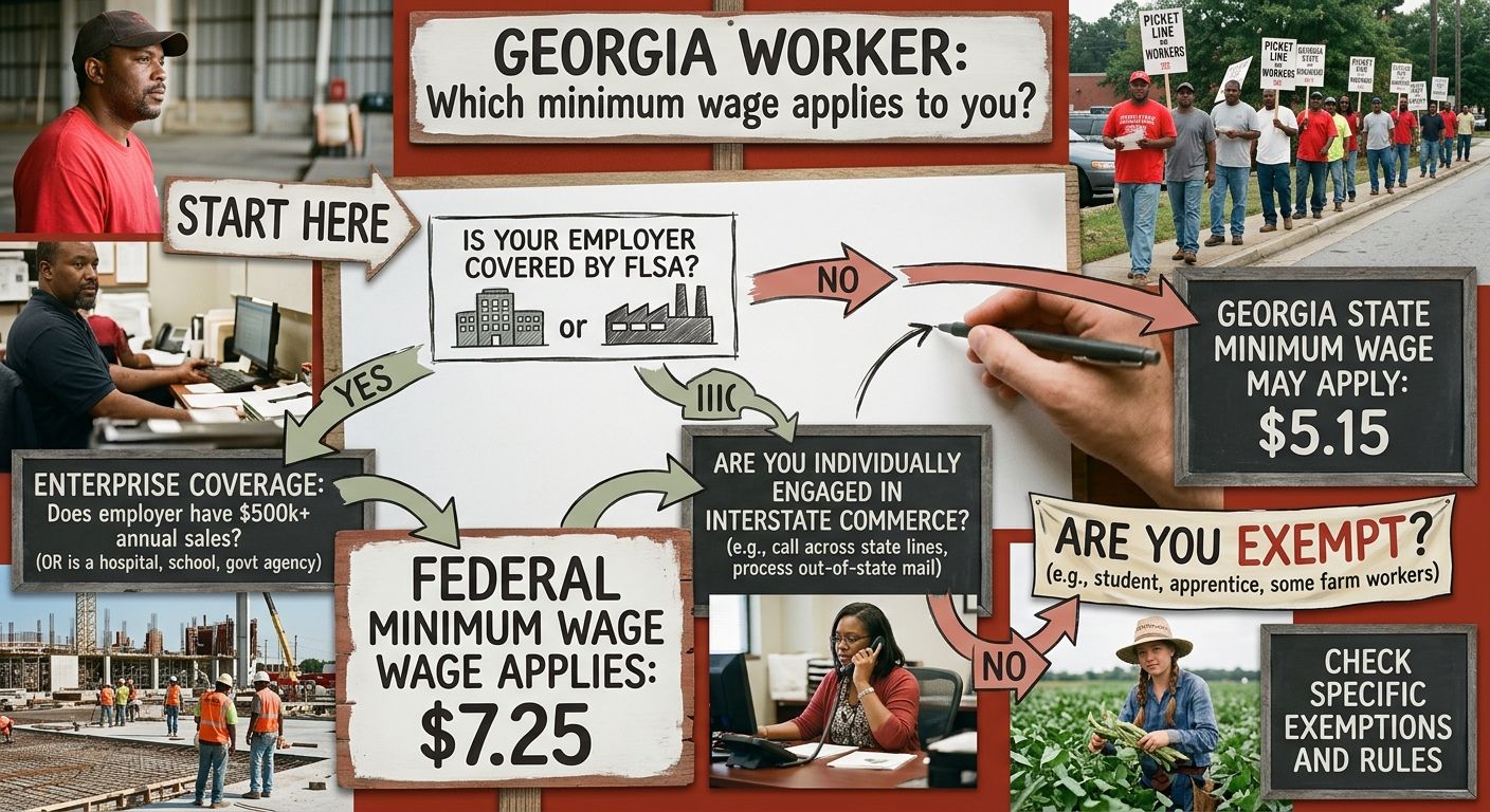 A decision-tree flowchart showing how Georgia workers can determine whether the $5.15 state rate or $7.25 federal rate applies to them, with yes/no branches for enterprise coverage, individual coverag