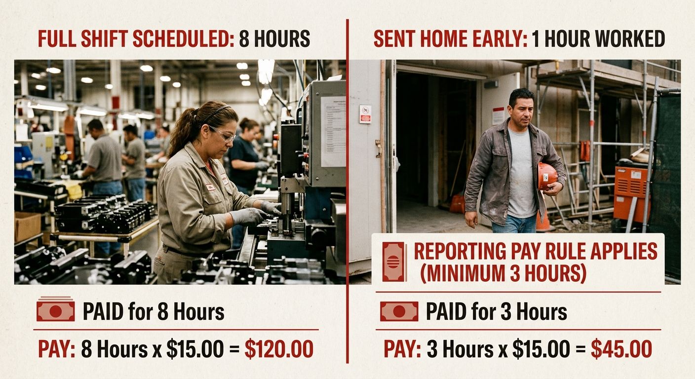 diagram showing two scenarios side by side, one where a worker completes a full scheduled shift and one where a worker is sent home after 1 hour, both resulting in at least 3 hours of pay at $15.00/ho