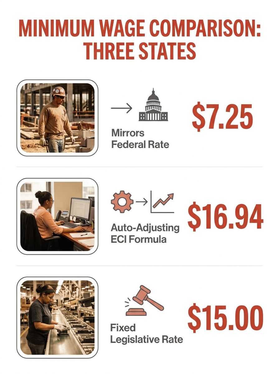 an infographic comparing how three states set their minimum wages, Texas (mirrors federal rate by reference, $7.25), Connecticut (auto-adjusting ECI formula, $16.94), and Massachusetts (fixed legislat