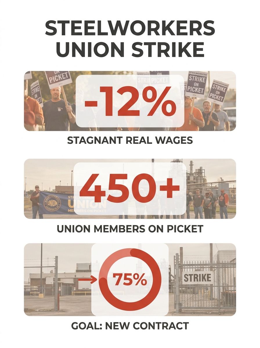 Steelworkers holding strike signs and union banners at a picket line, with industrial facility in background