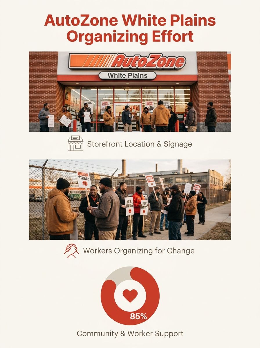 AutoZone storefront with company signage visible, representing the White Plains location where workers are organizing