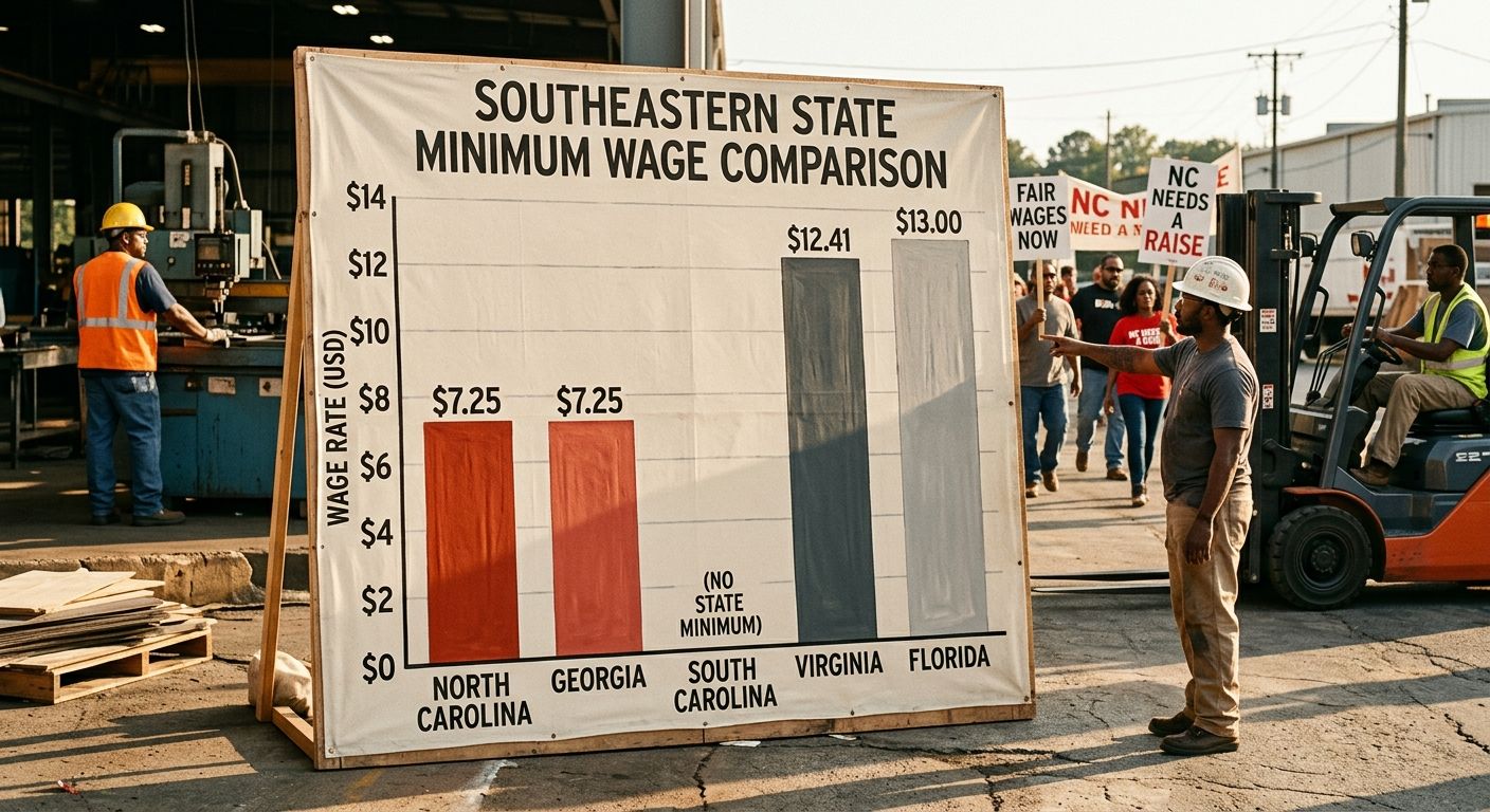 A bar chart comparing minimum wage rates across southeastern states, North Carolina ($7.25), Georgia ($7.25), South Carolina (no state minimum), Virginia ($12.41), and Florida ($13.00), showing NC's p