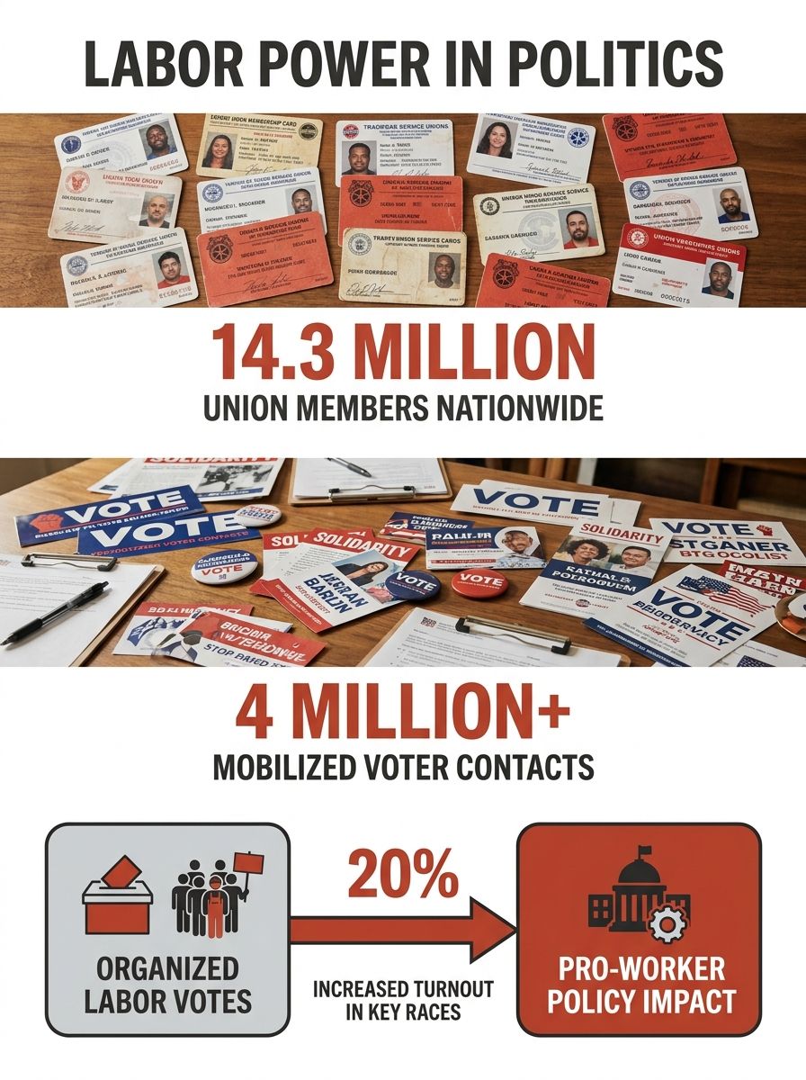 Campaign materials and union membership cards arranged on a table, representing the intersection of labor organizing and electoral politics