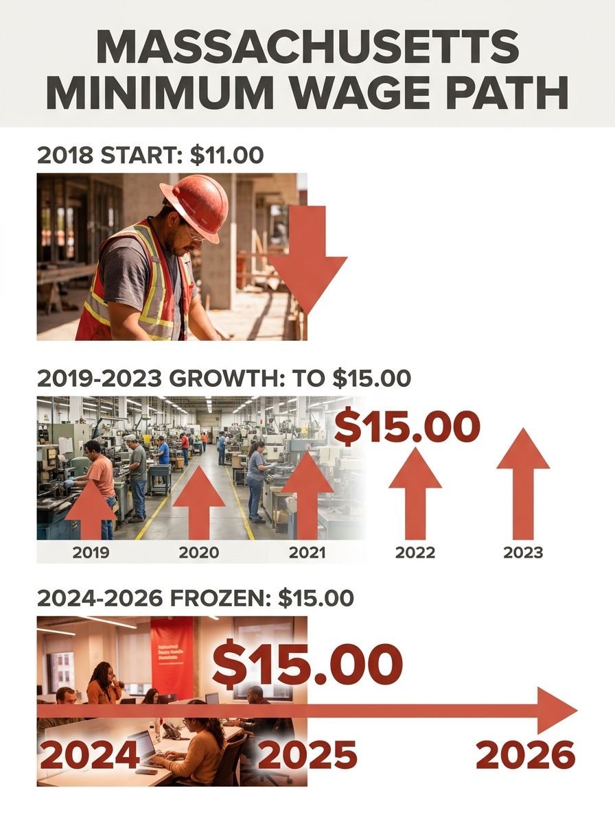 infographic showing the Massachusetts minimum wage increases from 2018 ($11.00) through 2023 ($15.00) in annual steps, with a flat line extending through 2024-2026 to illustrate the frozen rate