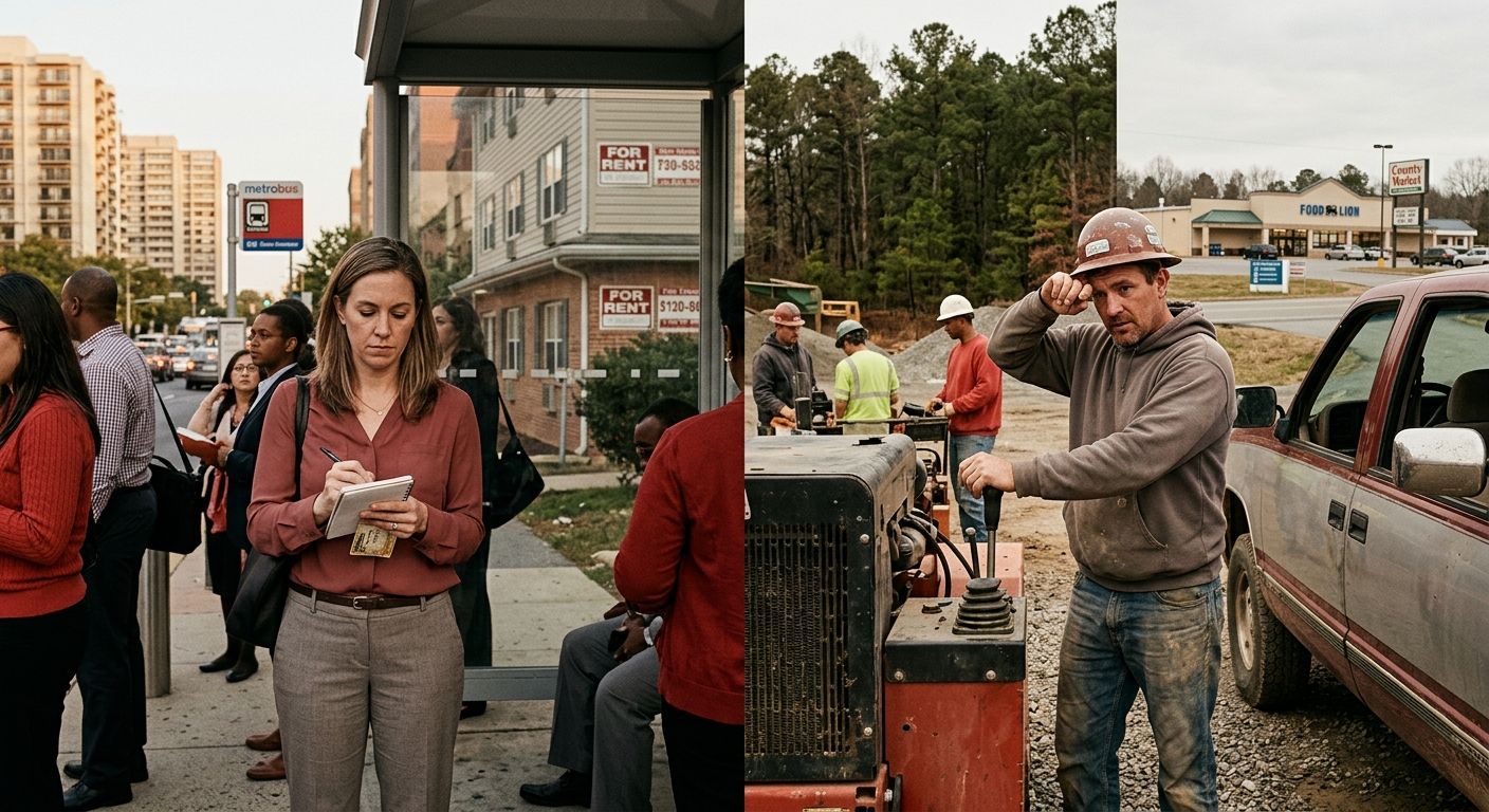 a side-by-side monthly budget comparison for a full-time worker earning $12.77/hour in Northern Virginia versus a rural Virginia county, highlighting the gap between take-home pay and basic expenses l