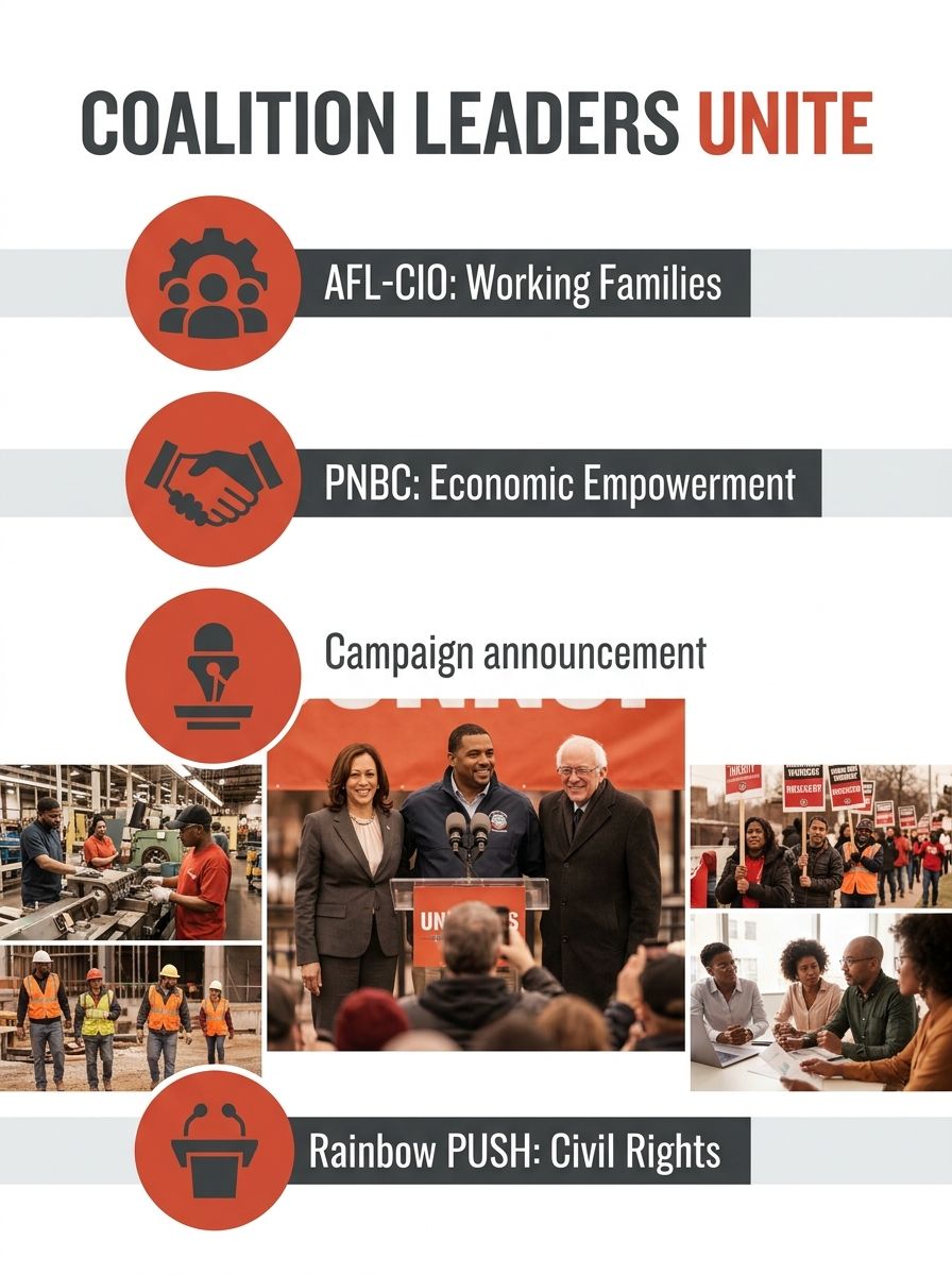 Coalition leaders from AFL-CIO, PNBC, and Rainbow PUSH standing together at campaign announcement event