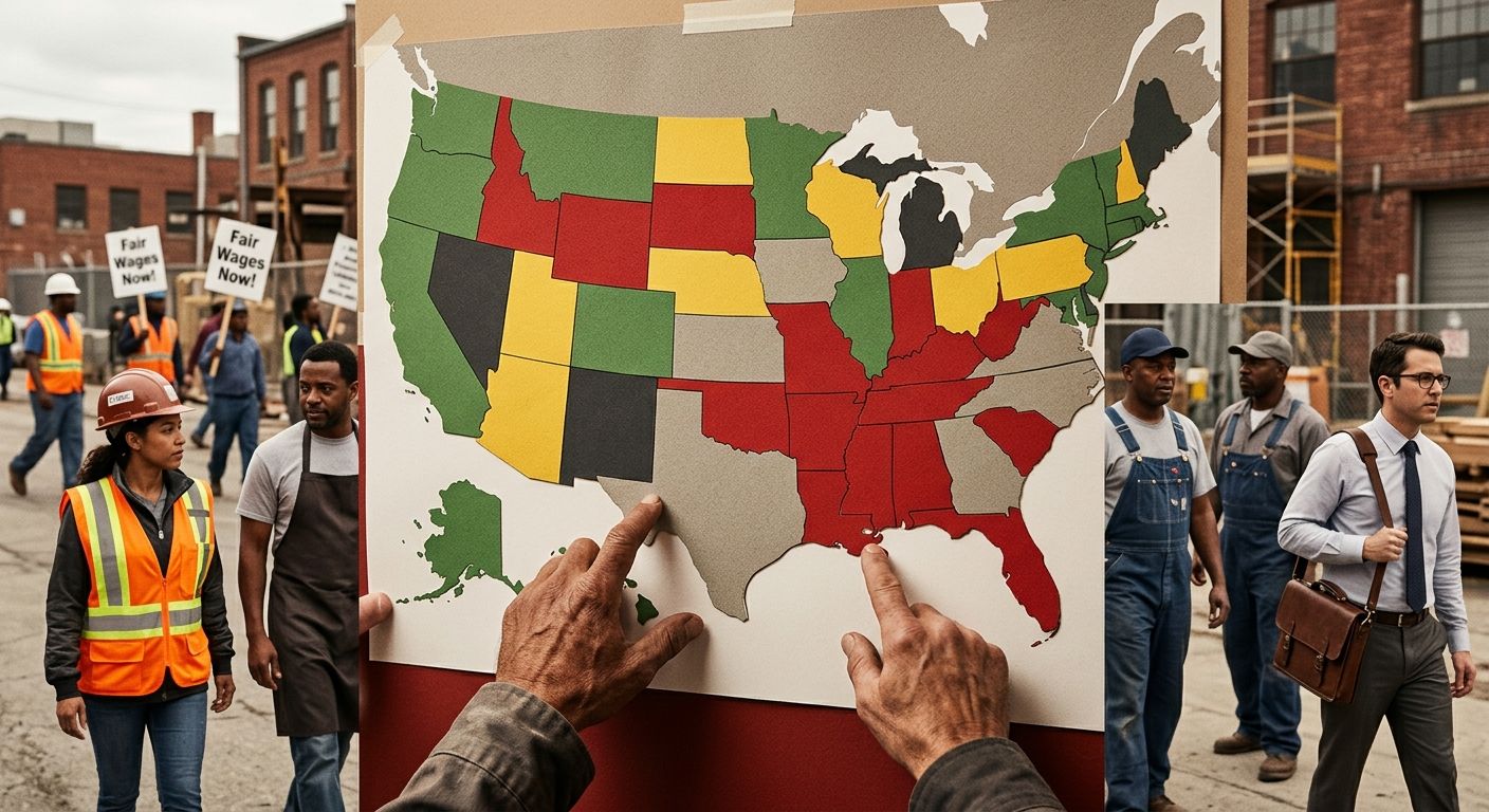 A U.S. map color-coded to show states at the federal minimum of 7.25 dollars in red, states between 7.26 and 12.99 in yellow, and states at 13.00 or above in green, illustrating the geographic patchwo