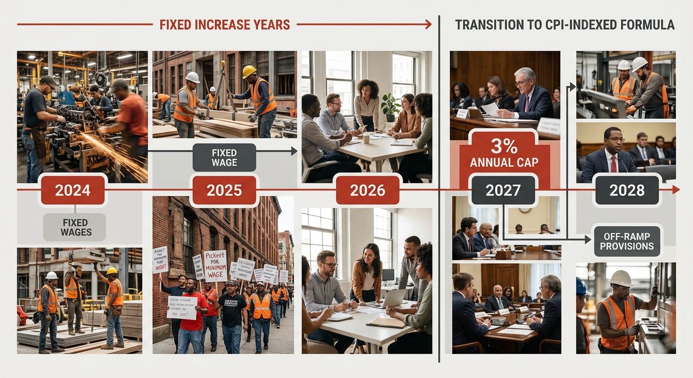 A timeline diagram showing New York minimum wage progression from 2024 through 2028, with the fixed-increase years (2024-2026) clearly marked transitioning to the CPI-indexed formula starting 2027, in