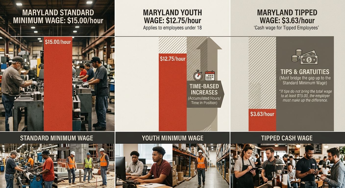 a breakdown chart showing Maryland's minimum wage categories side by side, with bars representing the standard $15.00 rate, the youth rate of $12.75, and the tipped cash wage of $3.63, with visual ind