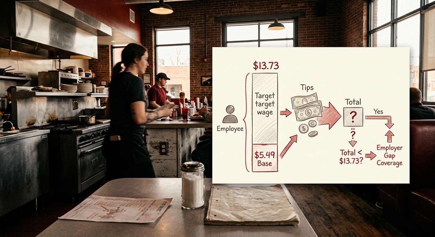 Diagram showing how the tip credit works in Michigan - employer pays $5.49 base, employee earns tips, and if combined total falls below $13.73, the employer must cover the gap, with arrows and dollar