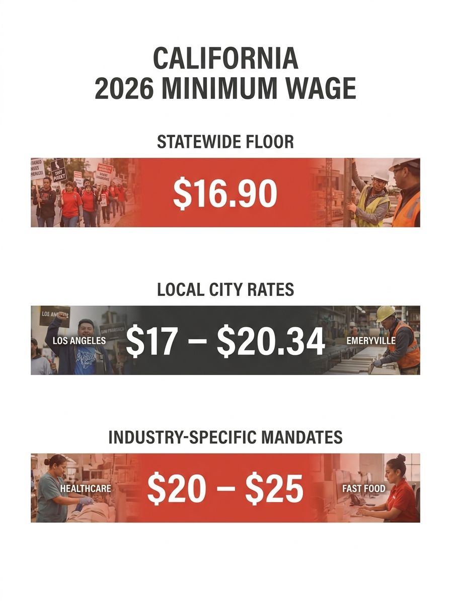 Infographic showing the three tiers of California's 2026 minimum wage system, statewide floor of $16.90, local city rates ranging from $17 to $20.34, and industry-specific mandates from $20 to $25, di