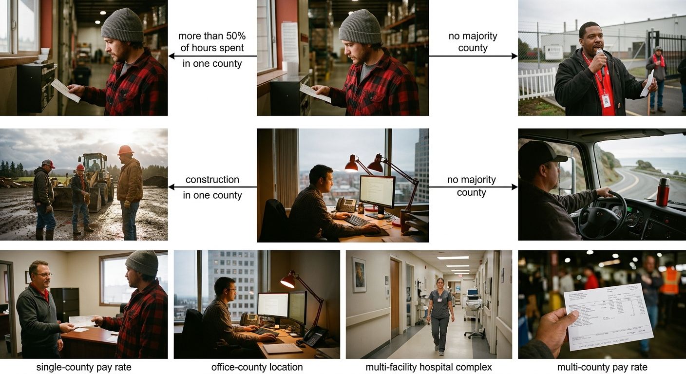 A decision-tree flowchart showing the 50% rule for multi-location Oregon employers, with branching paths for workers who spend more than 50% of hours in one county versus workers with no majority coun