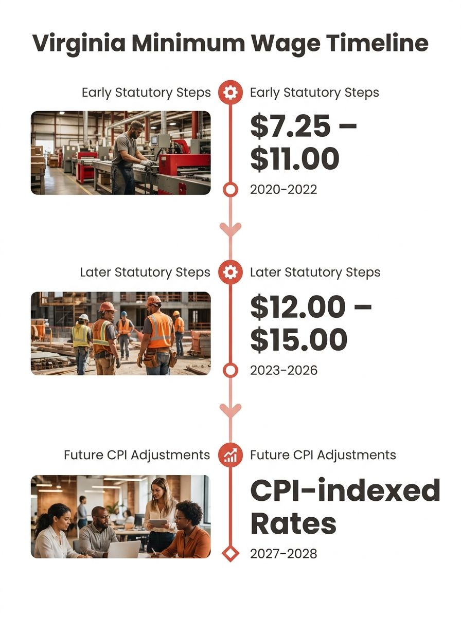 a timeline graphic showing Virginia minimum wage rates from 2020 to 2028, with each year labeled with the dollar amount and markers distinguishing statutory steps from CPI adjustments