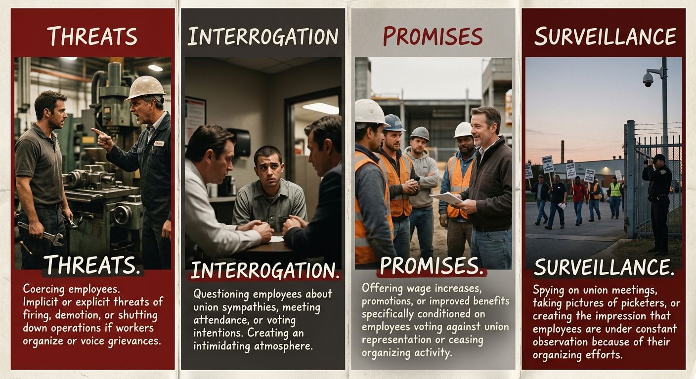 A visual showing the TIPS acronym (Threats, Interrogation, Promises, Surveillance) with brief descriptions of each employer violation type, styled as a worker-rights reference card