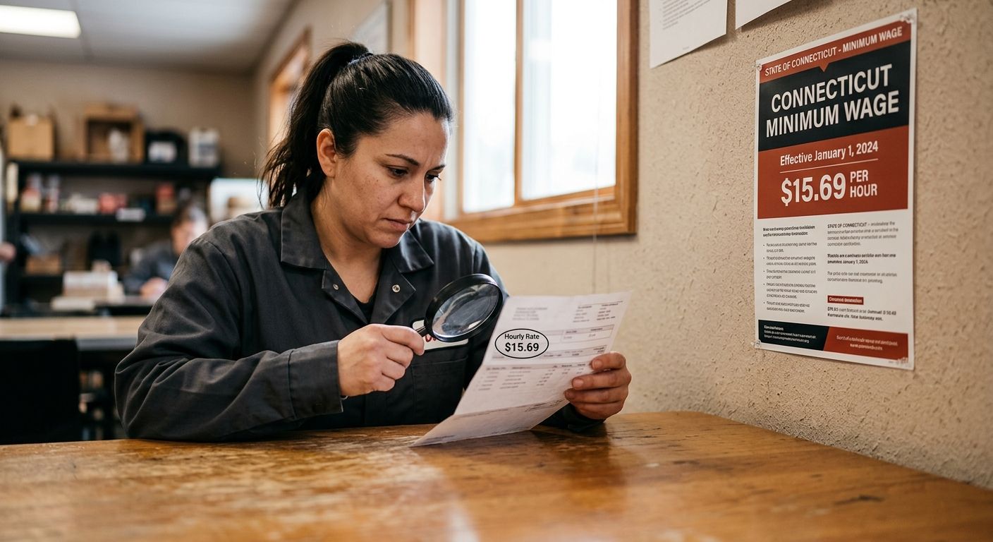 A worker reviewing a pay stub next to a posted Connecticut minimum wage notice, with a magnifying glass highlighting the hourly rate field on the stub to show how workers can verify their rate
