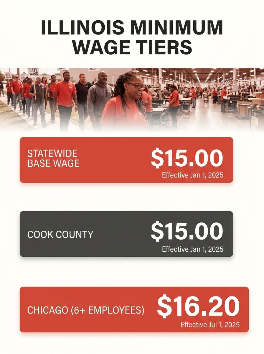 An infographic showing the three tiers of Illinois minimum wage, statewide at $15.00, Cook County at $15.00, and Chicago at $16.20, displayed as stacked horizontal bars with labels and effective dates