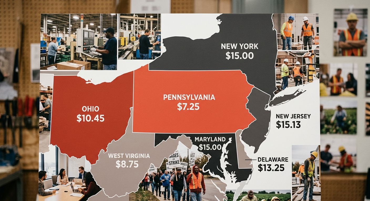 A map of Pennsylvania and its neighboring states showing each state's minimum wage rate, with Pennsylvania highlighted in red at $7.25 compared to higher rates in surrounding New Jersey, Delaware, Mar