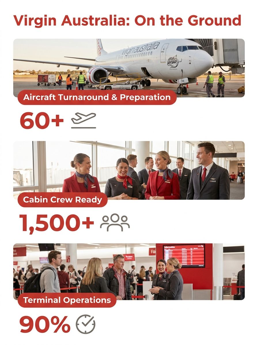 Virgin Australia aircraft at gate with cabin crew visible through terminal windows