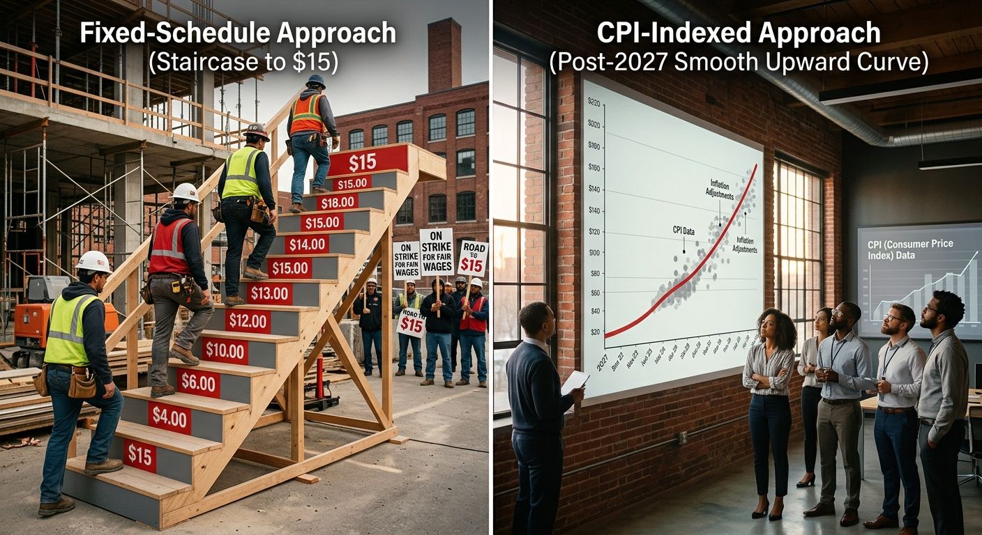 Illustration comparing Michigan's fixed-schedule approach (staircase with defined steps to $15) versus the post-2027 CPI-indexed approach (a smooth upward curve tied to inflation data), shown side by