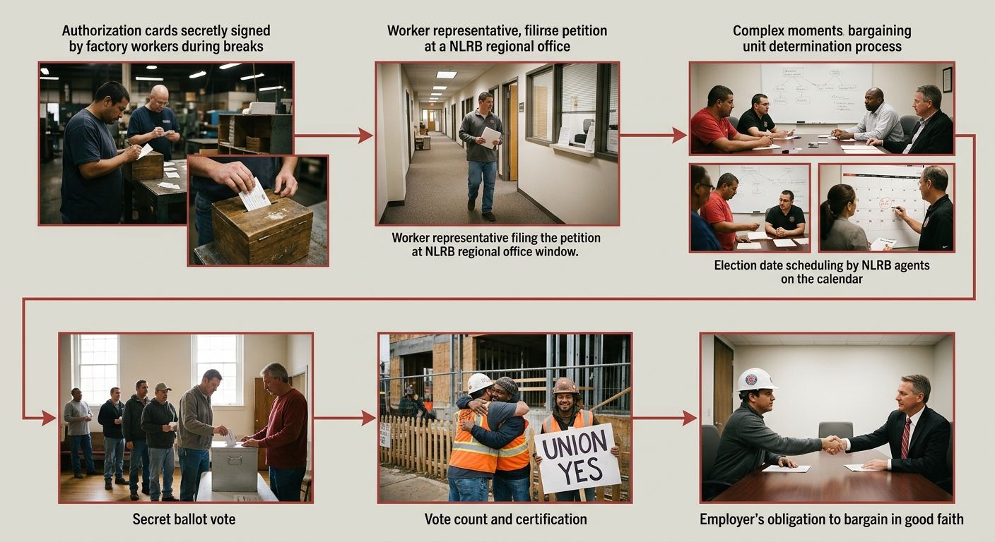 A step-by-step flowchart showing the NLRB union election process from authorization cards through petition filing, bargaining unit determination, election scheduling, secret ballot vote, majority cert