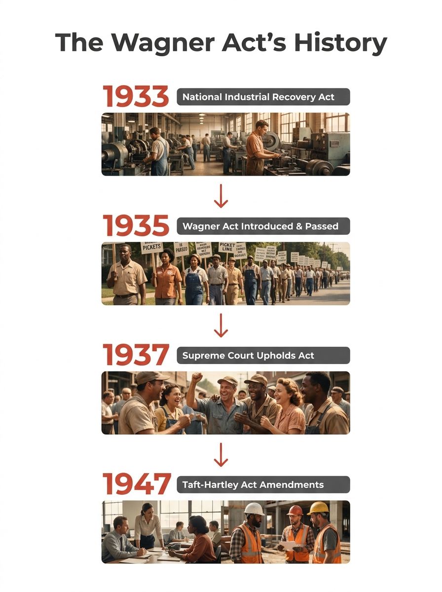 A historical timeline infographic showing key dates in the Wagner Act's history: 1933 NIRA passed, 1935 NIRA struck down and Wagner Act introduced and passed, 1937 Supreme Court upholds Wagner Act, 19