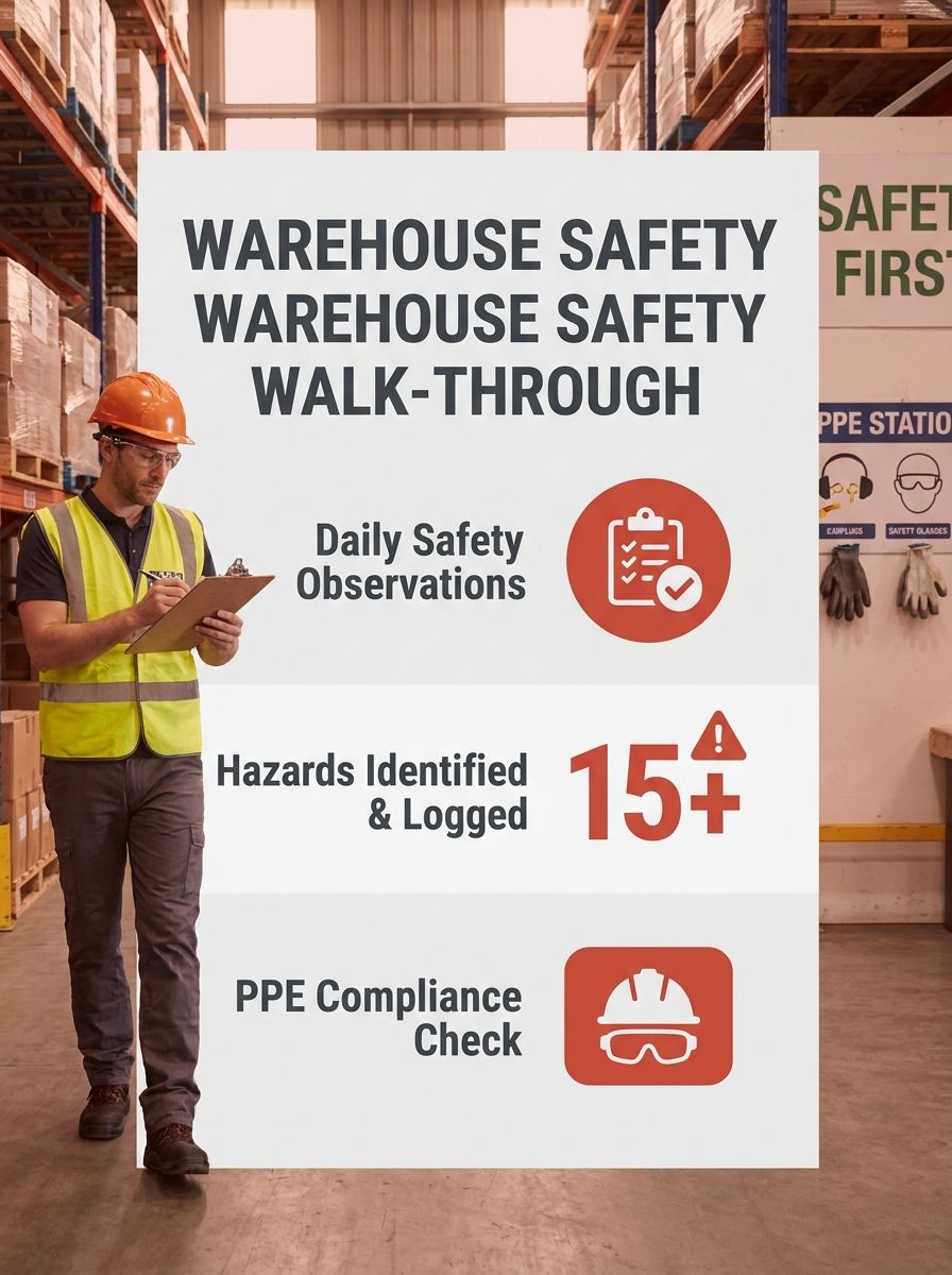 A worker holding a clipboard performing a safety walk-through in a warehouse, with visible safety signage and PPE stations in the background