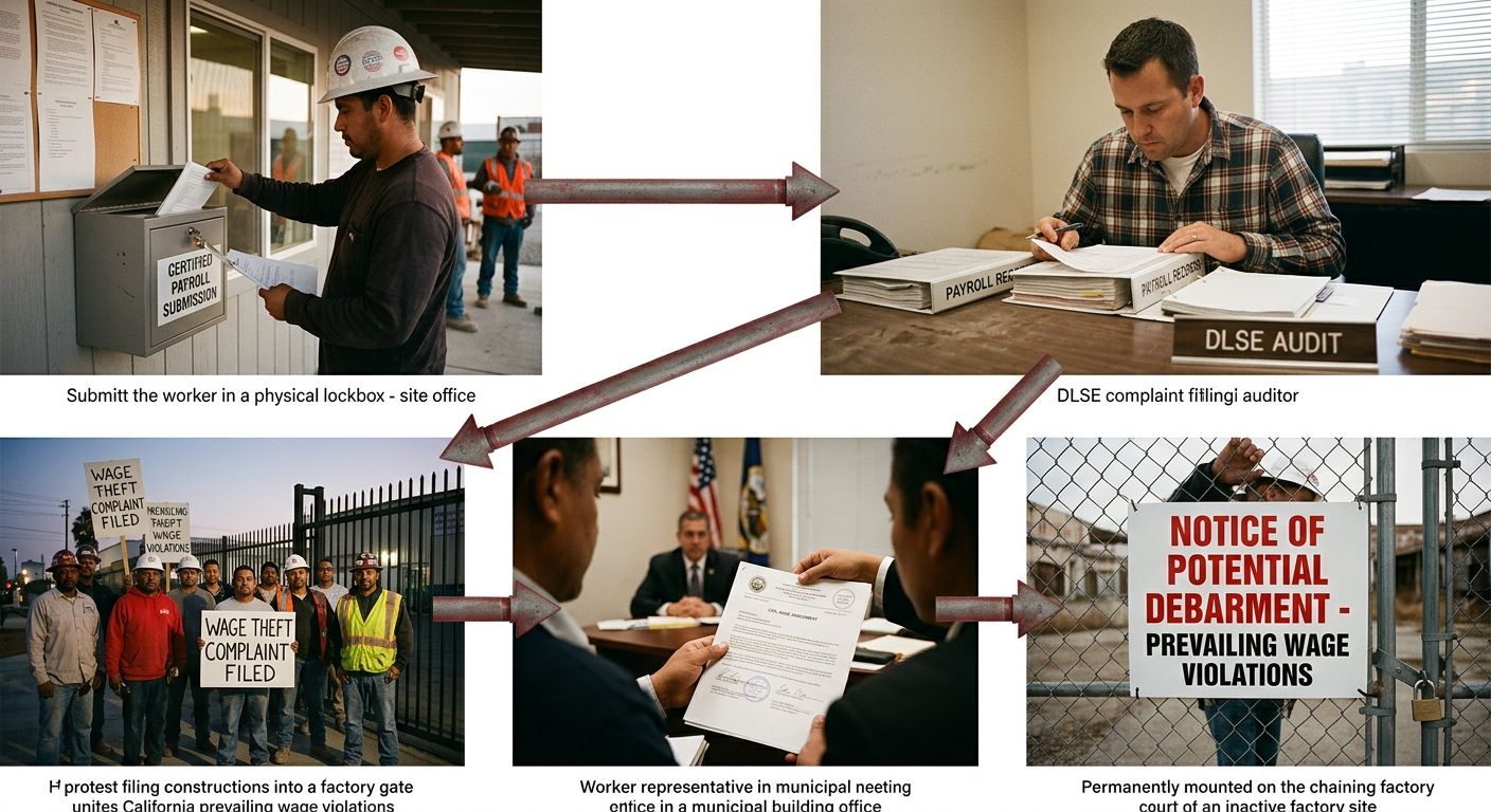 A flowchart showing the enforcement process for California prevailing wage violations, starting with certified payroll submission, moving through DLSE audit, complaint filing, civil wage assessment, a
