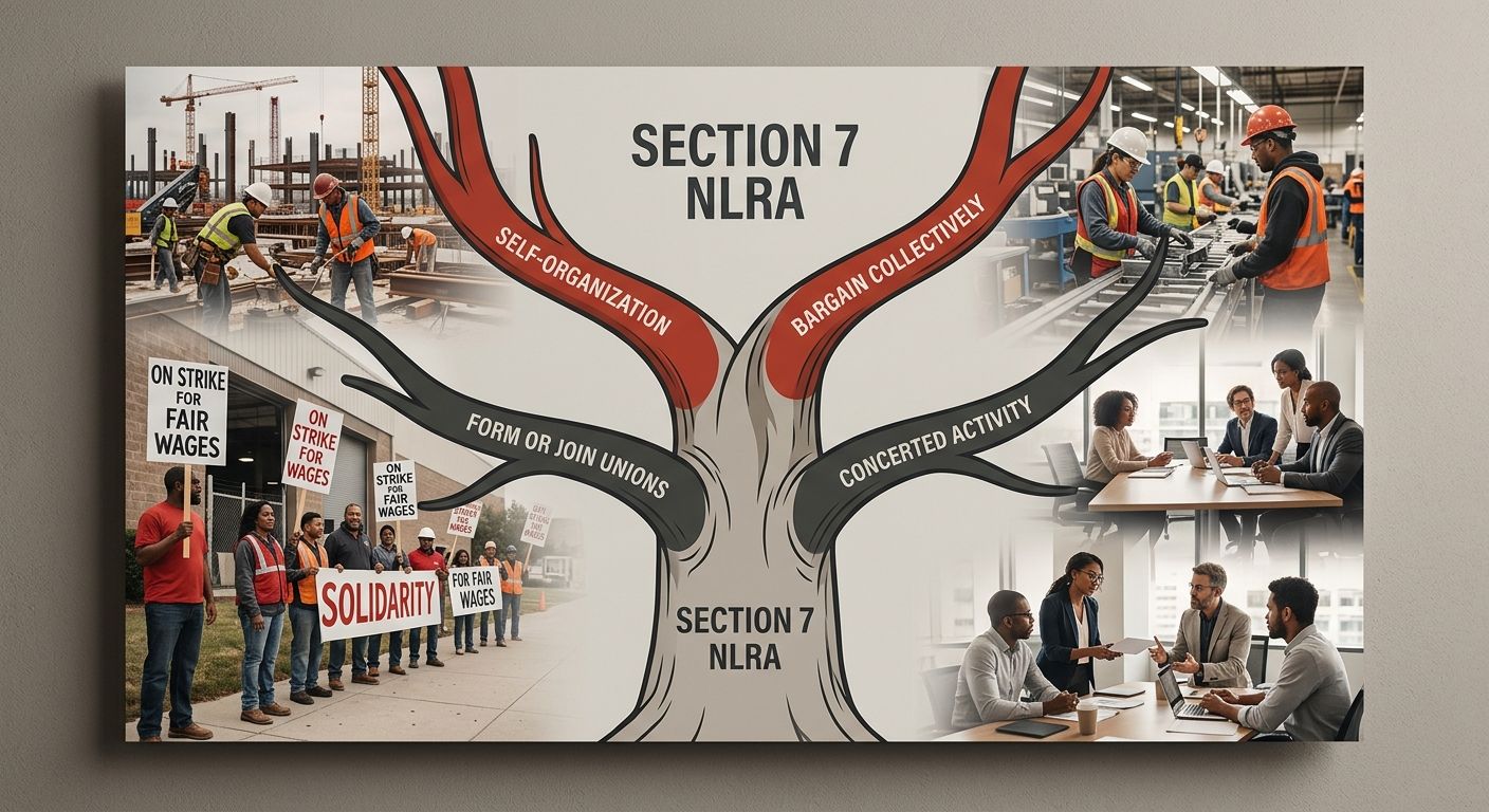 An illustrated diagram showing Section 7 rights as five branches extending from a central trunk labeled Section 7 NLRA, with each branch labeled: self-organization, form or join unions, bargain collec