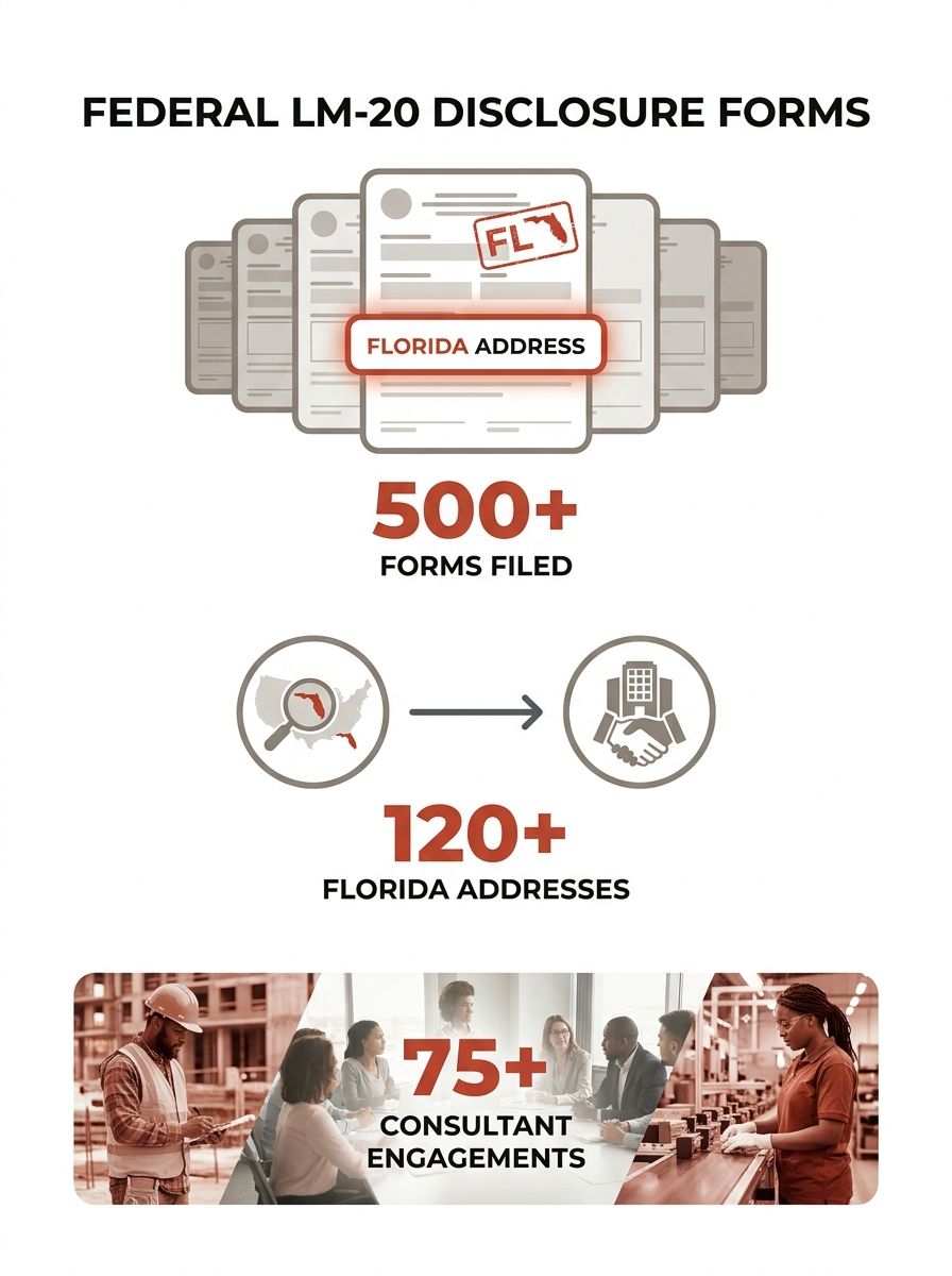 Stack of federal LM-20 labor consultant disclosure forms with Florida addresses highlighted