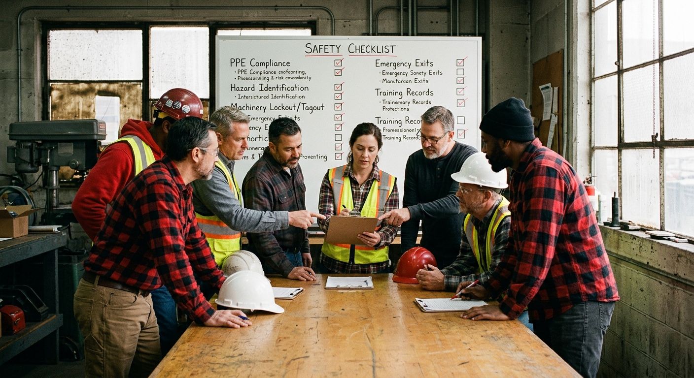 A diverse group of workers in a meeting room reviewing a safety checklist together, with a whiteboard showing safety categories and check marks, representing collective safety planning