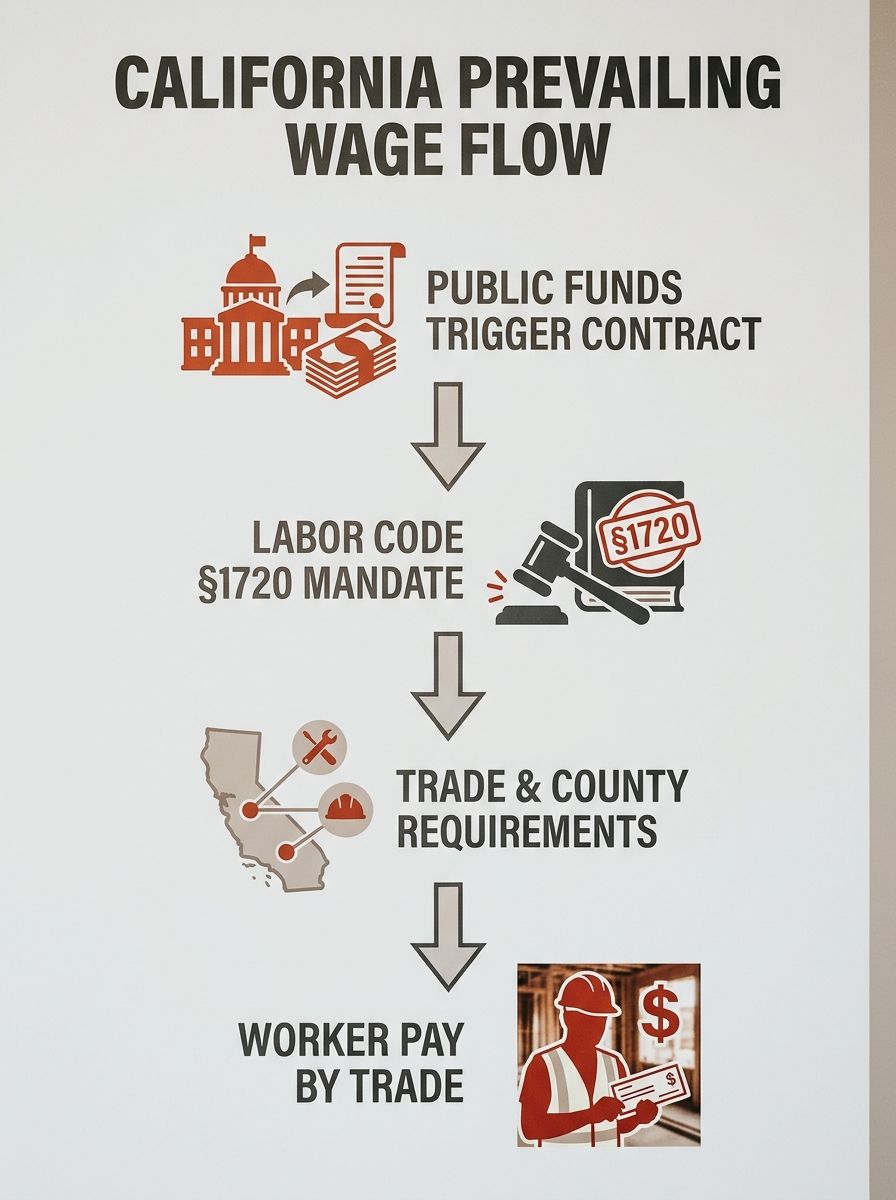 An illustrated diagram showing the legal definition flow of California prevailing wage, from public funds flowing into a contract, triggering Labor Code §1720, and connecting to worker pay requirement
