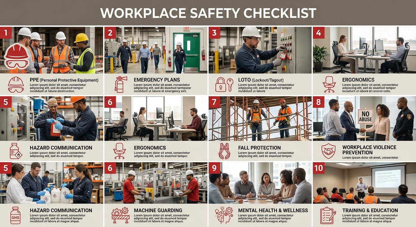 An infographic showing the 10 workplace safety topics as a numbered checklist, with icons representing each category, a hard hat for PPE, a fire extinguisher for emergency plans, a lock for LOTO, an e