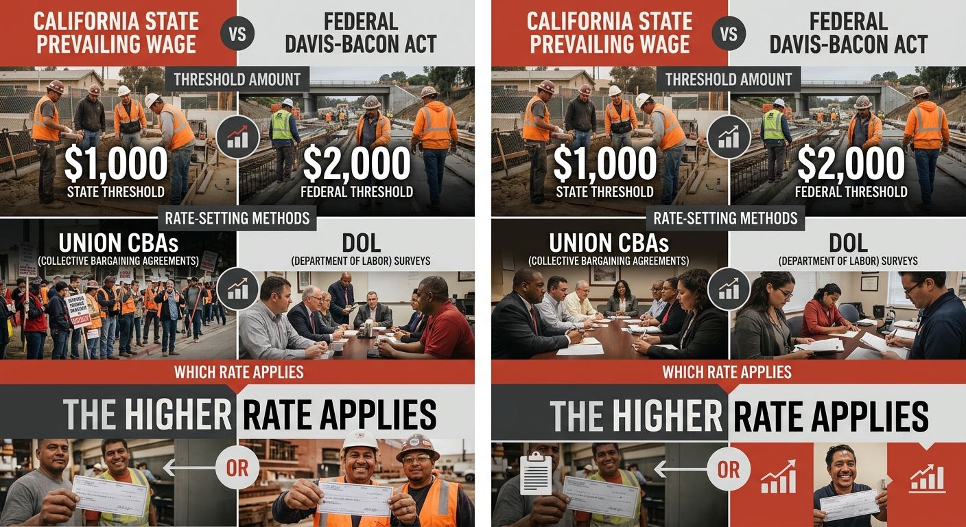 An infographic comparing California state prevailing wage and federal Davis-Bacon requirements side by side, showing threshold amounts ($1,000 state vs $2,000 federal), rate-setting methods (union CBA